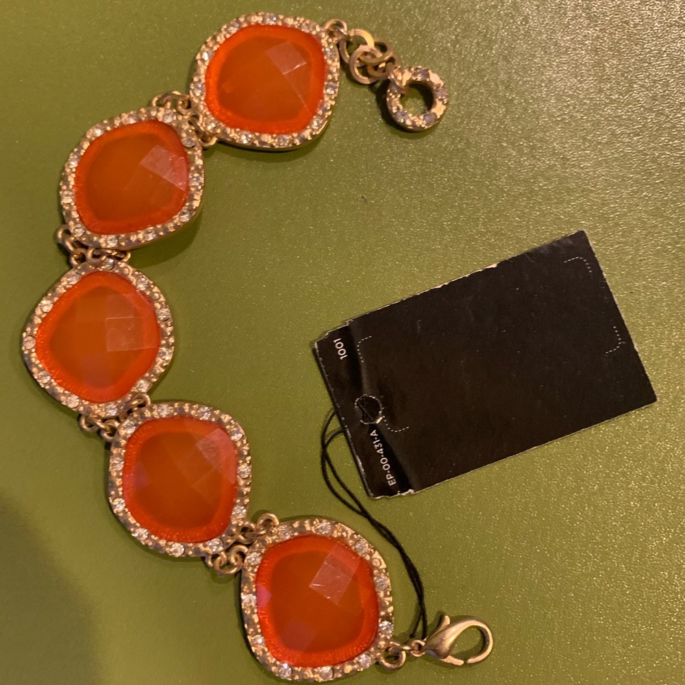 Rhinestones Embellished Chunky Bracelet Orange/Gold NWT Toggle Clasp Stones